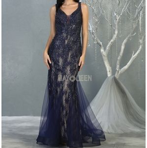 New long mermaid navy beaded semi open back dress